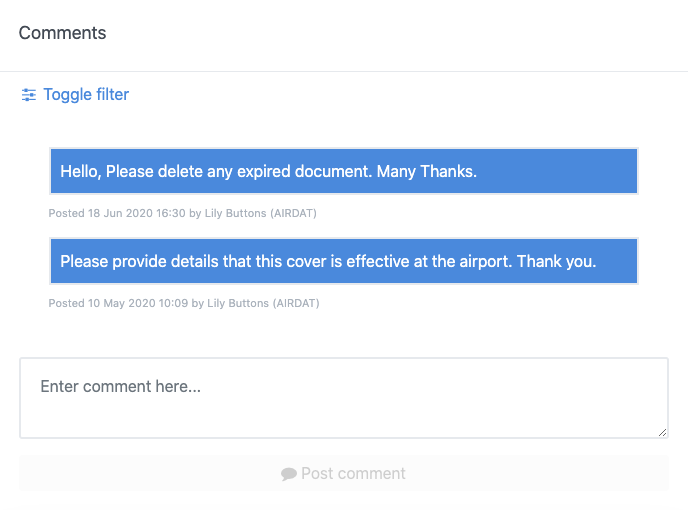 Application milestone comments | AIRDAT Onboard